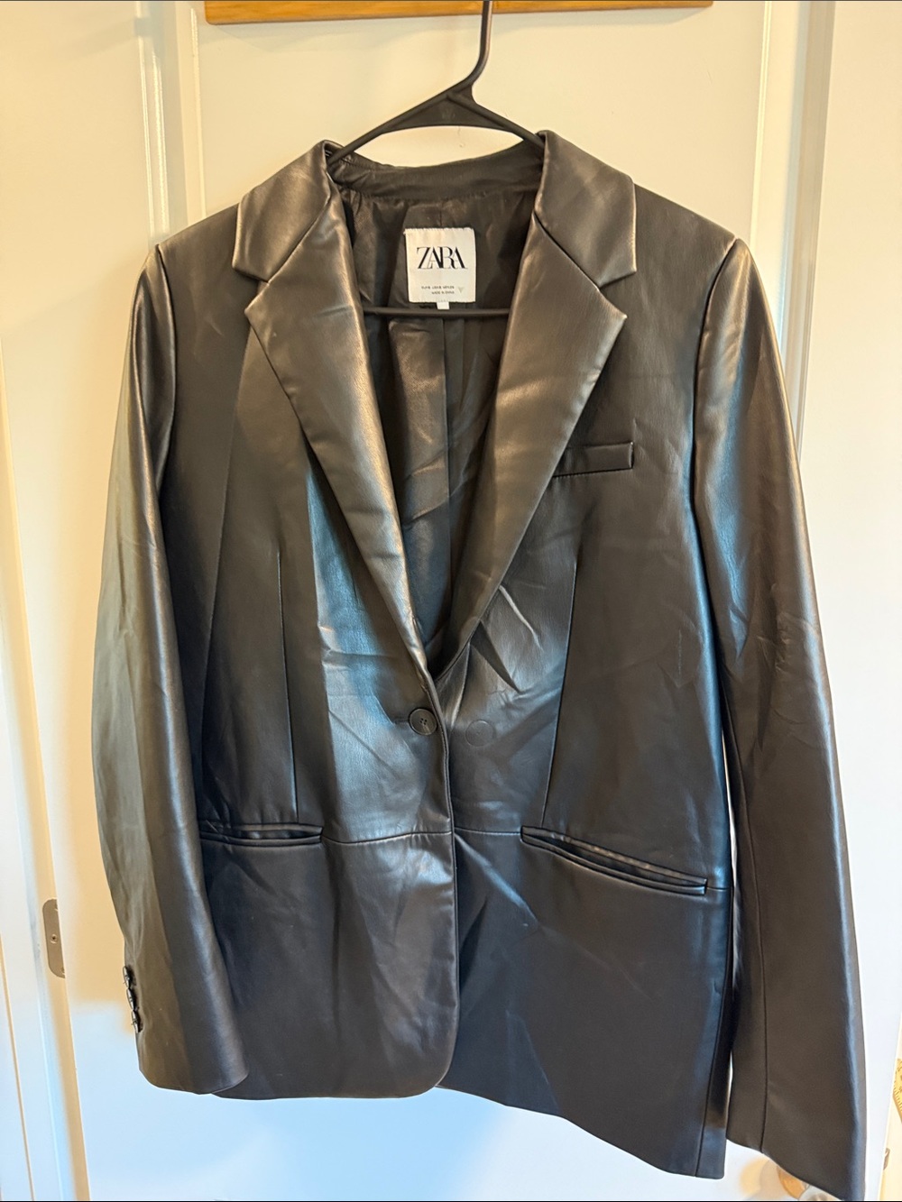 Zara Black Vegan Leather Blazer Jacket with Notch Lapels
